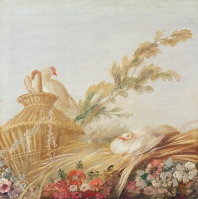 Salon of the Print-Maker Gilles Demarteau, Above the Door; Doves Sitting Their Eggs in the Hay by François Boucher